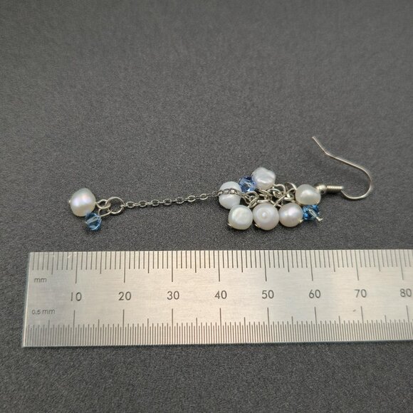 Silver Plated Genuine Pearls And Crystals Long Earrings A6483 - Picture 4 of 5